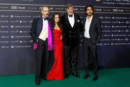 Jeremy Irons, Devika Bhise, Stephen Fry, and Dev Patel at the premiere of the Man Who Knew Infinity at the opening night