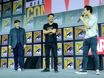 Kevin Feige, Destin Daniel Cretton, and Simu Liu at an event for Shang-Chi and the Legend of the Ten Rings (2021)