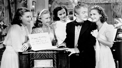 Claude Rains, Lola Lane, Priscilla Lane, Rosemary Lane, and Gale Page in Four Daughters (1938)