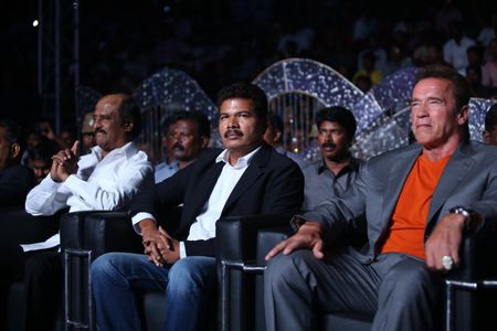 Arnold Schwarzenegger, Rajinikanth, and S. Shankar at an event for I (2015)