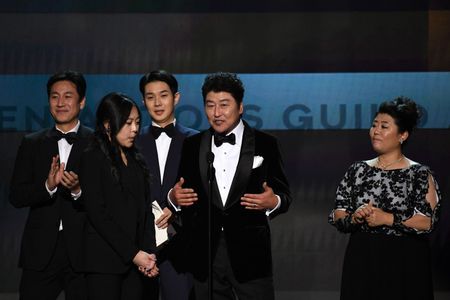 Song Kang-ho, Lee Sun-kyun, Choi Woo-sik, and Lee Jeong-eun at an event for Parasite (2019)