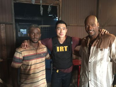 Patrick Cage II, Daniel Henney and Brian D. Mason on the set of Criminal Minds: Beyond Borders