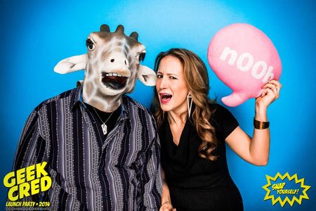 Spike Spencer (as a giraffe) and his wife, Kimberly Spencer at the Geek Cred Launch Party.