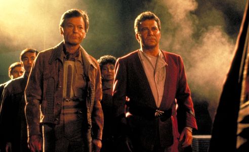 Walter Koenig, William Shatner, DeForest Kelley, George Takei, and Nichelle Nichols in Star Trek III: The Search for Spo