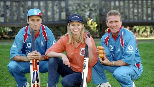 Anneka Rice, Nasser Hussain, and Alec Stewart in Sky Sports Cricket (1990)