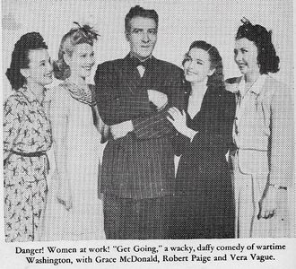 Barbara Jo Allen, Maureen Cannon, Lois Collier, Frank Faylen, and Grace McDonald in Get Going (1943)