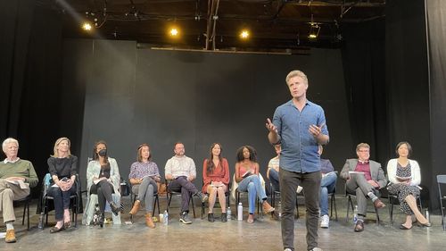 Nate Golon speaking at the staged reading of 'Side Work' in Hollywood