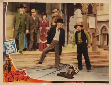 Al Bridge, Jean Brooks, Johnny Mack Brown, Joseph Eggenton, Earle Hodgins, and Fuzzy Knight in Fighting Bill Fargo (1941