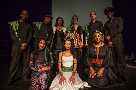The Mandela Tales cast on the stage at The Purcell Rooms at London's Royal Festival Hall in 2012. With Yolanda Grant Tho