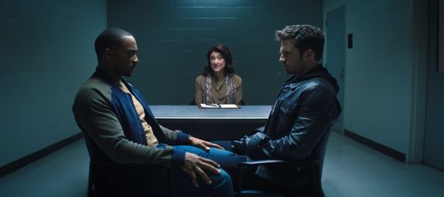 Amy Aquino, Anthony Mackie, and Sebastian Stan in The Falcon and the Winter Soldier (2021)