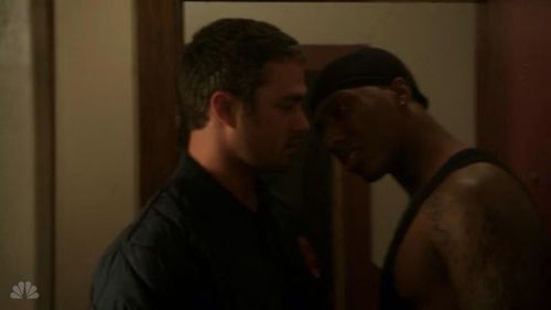 Aaron Nelson(Kyle) facing off with Taylor Kinney (Severide) NBC's. Chicago Fire