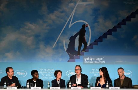 US director James Gray (3rdR) speaks as he holds a press conference with actor Jaylin Webb (2ndL),actor Michael Banks R