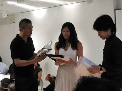 Jennifer Betit Yen (center) with Jim Chu (left) and Eugene Oh (right) in a reading of screenwriter Isaac Ho's THE CHINES