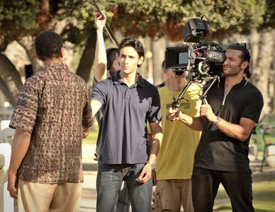 Writer Director Giovanni Zelko lining up a shot with Harry Lennix & Ben Youcef on the set of THE ALGERIAN