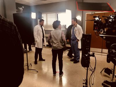 Tiffany Yvonne Cox on set of Grey's Anatomy with Justin Chambers and Giacomo Gianiotti