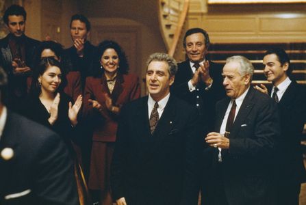 Al Pacino, Andy Garcia, Sofia Coppola, John Savage, Al Martino, Don Novello, and Eli Wallach in The Godfather Part III (