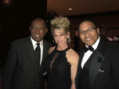 Houston Mayor Sylvester Turner, elite pro bodybuilder Tina Chandler-Ducena with husband and Actor Carl Ducena. At Night 
