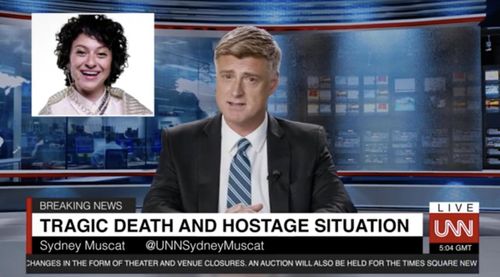Sean Allan Krill as UNN host Sydney Muscat with Alia Shawkat in Search Party - 