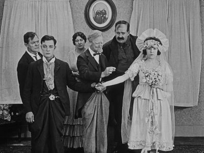 Buster Keaton, Jack Duffy, Virginia Fox, Joe Keaton, and Joe Roberts in Neighbors (1920)