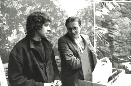 Stephen Woolley and Stephen Rea on the set of The Crying Game (1992) at Shepperton Studios.