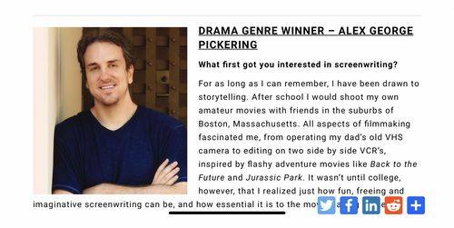 Alex George Pickering 2020 Shore Scripts Drama Feature Contest Winner Blurb