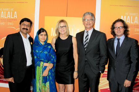 Davis Guggenheim, Laurie MacDonald, Walter F. Parkes, Malala Yousafzai, and Ziauddin Yousafzai at an event for He Named 