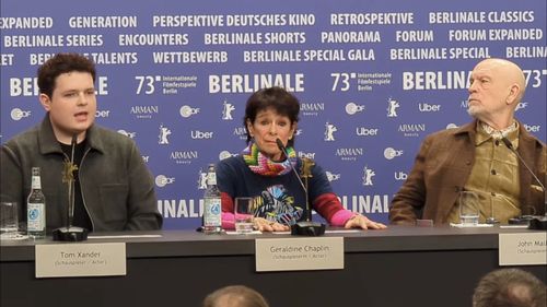 Tom Xander, Geraldine Chaplin & John Malkovich at the press conference for ‘Seneca’ at the Berlinale Film Festival.