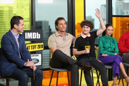 Matthew McConaughey, Dave Karger, Bel Powley, and Richie Merritt at an event for White Boy Rick (2018)