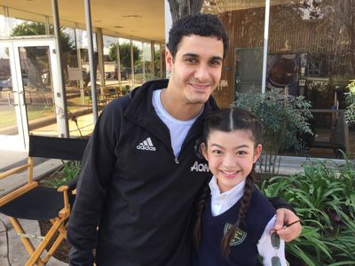 Riley Go (Young Happy) with Elyes Gabel (Walter O'Brien) for CBS' SCORPION.