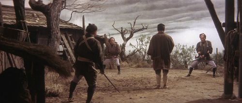 Shintarô Katsu, Sônosuke Sawamura, Shôsaku Sugiyama, and Yoshio Yoshida in Zatoichi on the Road (1963)