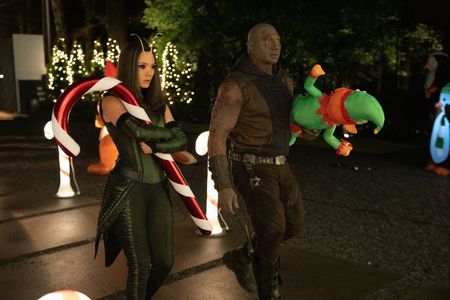 Dave Bautista and Pom Klementieff in The Guardians of the Galaxy: Holiday Special (2022)