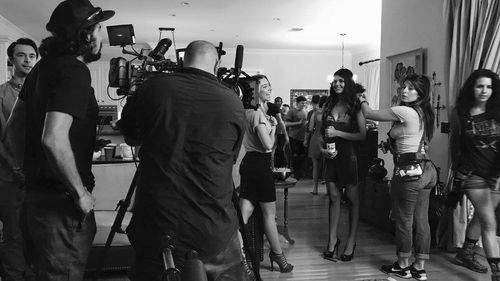 BTS shot of Amber Frank on the set of Party Mom