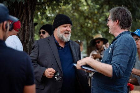 Director Adam Cooper on the set of SLEEPING DOGS with actor Russell Crowe