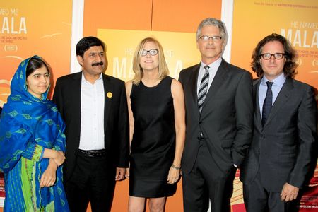 Davis Guggenheim, Laurie MacDonald, Walter F. Parkes, Malala Yousafzai, and Ziauddin Yousafzai at an event for He Named 