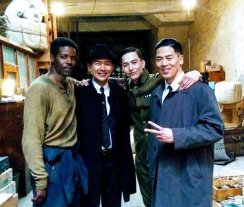 Shane Dean, Joel de la Fuente, Sen Mitsuji and Rich Ting on the set of The Man In The High Castle and Hexagram 64
