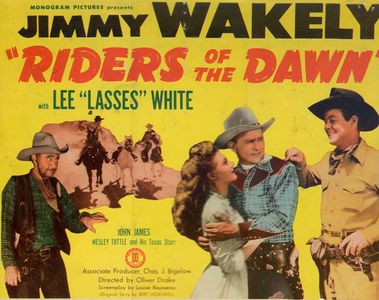 Phyllis Adair, John James, Jimmy Wakely, and Lee 'Lasses' White in Riders of the Dawn (1945)