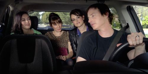 Rob Huebel, Milana Vayntrub, Jessica McKenna, and Claudia O'Doherty in Drive Share (2017)