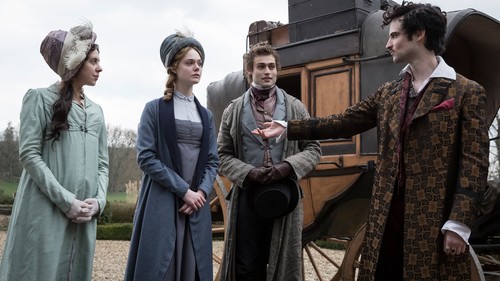 Tom Sturridge, Elle Fanning, Bel Powley, and Douglas Booth in Mary Shelley (2017)