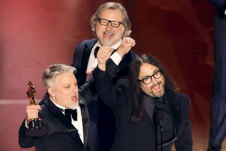 Dave Mullins and Brad Booker Accepting the Oscar for Best Animated Short Film with Sean Ono Lennon