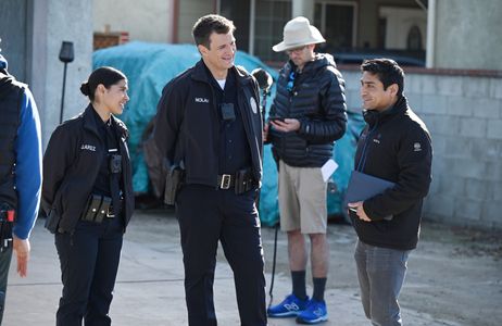 TK Shom, Lisseth Chavez and Nathan Fillion on the set of The Rookie