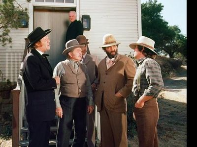 Michael Landon, Richard Bull, Victor French, Dabbs Greer, Kevin Hagen, and Karl Swenson in Little House on the Prairie (