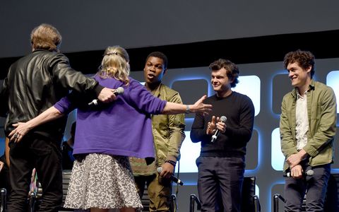 Carrie Fisher, Mark Hamill, Phil Lord, Alden Ehrenreich, and John Boyega at an event for Rogue One: A Star Wars Story (2