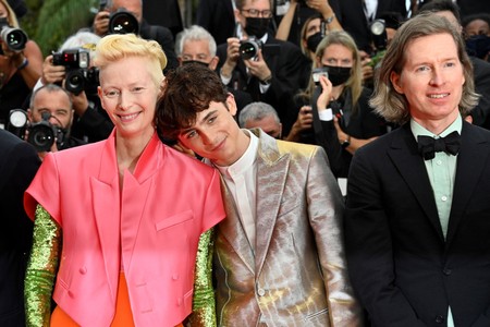 Wes Anderson, Tilda Swinton, and Timothée Chalamet at an event for The French Dispatch (2021)
