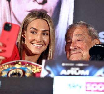 Bob Arum and Mikaela Mayer in Sky Sports World Championship Boxing: Claressa Shields vs. Savannah Marshall: Final Press 