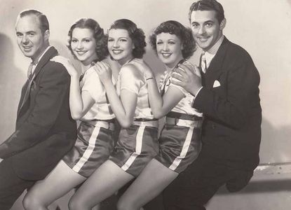 Rita Hayworth, Julie Bishop, Patricia Farr, John Gallaudet, and Charles Quigley in Girls Can Play (1937)