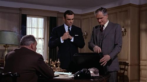 Sean Connery, Desmond Llewelyn, and Bernard Lee in From Russia with Love (1963)