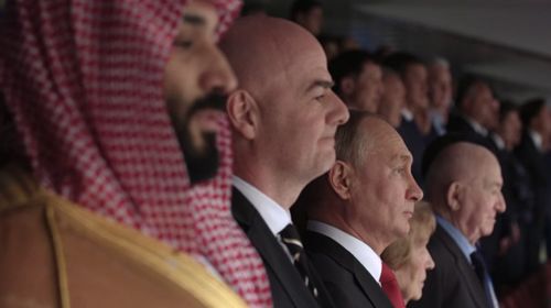 Vladimir Putin, Gianni Infantino, and Mohammad Bin Salman in FIFA Uncovered (2022)