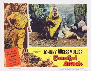 Judy Walsh, Johnny Weissmuller, and Kimba the Chimp in Cannibal Attack (1954)