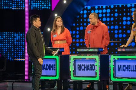 Dingdong Dantes, Nadine Samonte, and Richard Chua in Family Feud Philippines (2022)