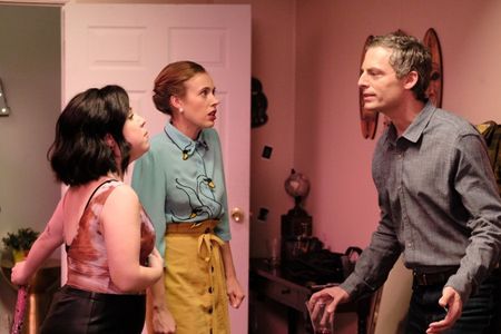 Tenea Intriago, Alexia Dox, and Justin Kirk in Episode 1 of Overthinking With Kat and June